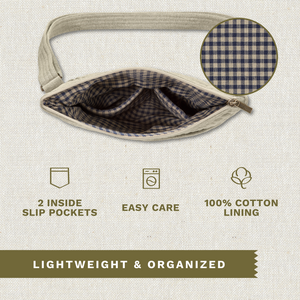 Open top-down view revealing interior with 2 inside pockets. Callouts highlighting top zip closure and machine washable design.