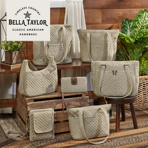 Khaki Chambray collection lifestyle image featuring the full line displayed, including Hipster, Small Tote, Stride Tote.