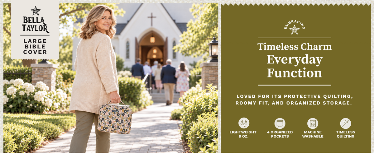 Model holding large bella taylor bible cover