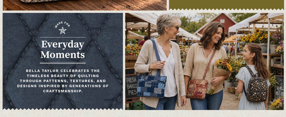country lifestyle scene showing grandmother, mother, and child holding bella taylor handbags
