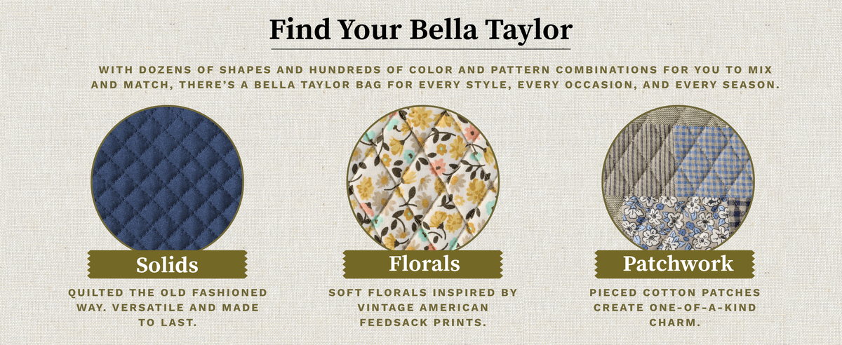 select from patchwork, feedsack floral, and quilted solid colors