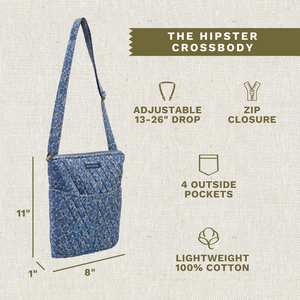 Callout image showing dimensions 8" x 11" x 1.5", adjustable strap, 4 exterior pockets, lightweight 100% cotton construction.