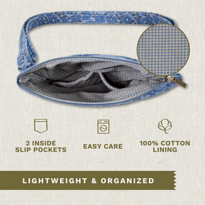 Open top-down view revealing interior with 2 inside pockets. Callouts highlighting top zip closure and machine washable design.