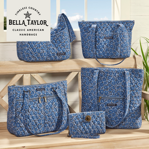 Navy Floral collection lifestyle image featuring the full line displayed, including Hipster, Small Tote, Stride Tote.