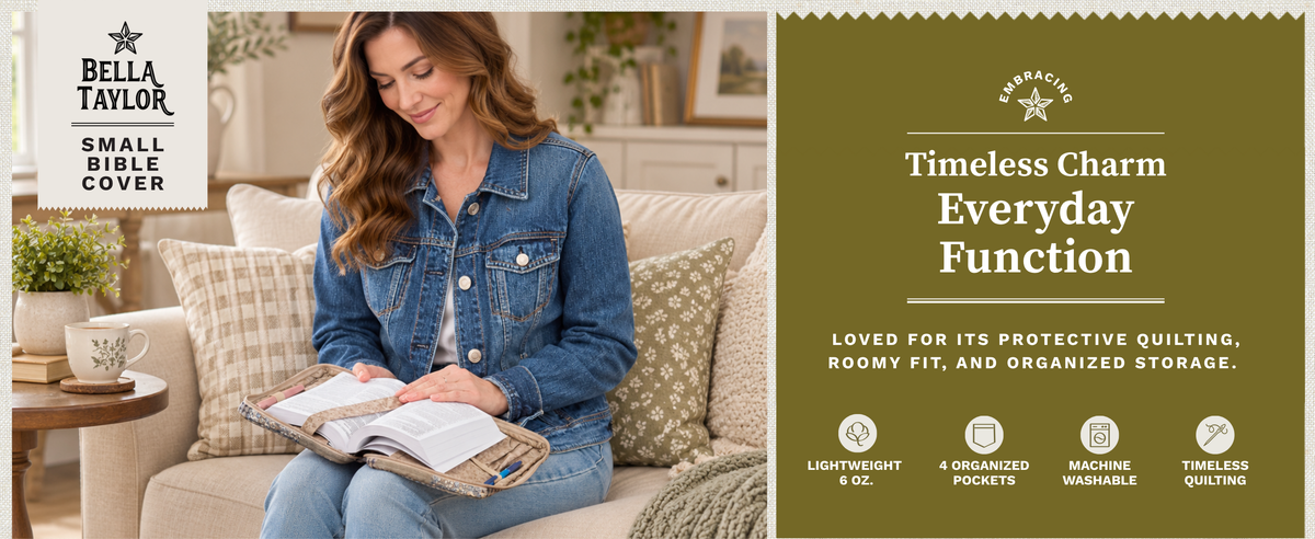 Model holding a small bible cover