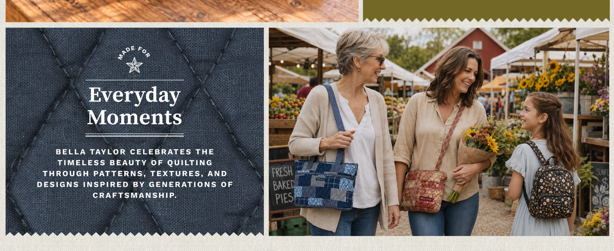 Lifestyle scene feature grandmother, mother, and child carrying bella taylor handbags