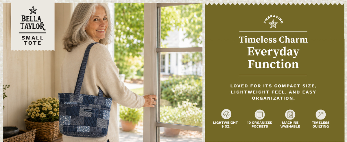 Woman carrying a blue patchwork Bella Taylor Small Tote. Timeless Charm, Everyday Function: loved for its compact size, lightweight feel, and easy organization. Lightweight, 10 organized pockets, machine washable, timeless quilting.