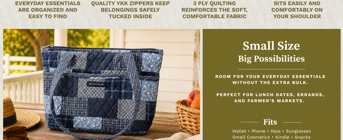 Blue patchwork Small Tote on a porch. Small Size, Big Possibilities: room for your everyday essentials without the extra bulk, perfect for lunch dates, errands, and farmer's markets. Fits wallet, phone, keys, sunglasses, small cosmetics, Kindle, and snacks.