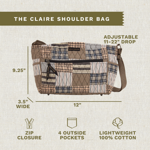 Callout image showing dimensions 11.5" x 9" x 3.75", adjustable strap, 4 exterior pockets, lightweight 100% cotton construction.