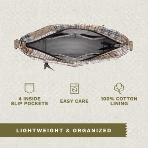 Open top-down view revealing interior with 4 inside pockets. Callouts highlighting top zip closure and machine washable design.