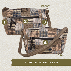 Front and back exterior views with numbered callouts identifying all 4 outside pockets.