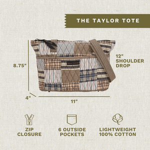 Callout image showing dimensions 11" x 8.75" x 4", 12-inch strap drop, 6 exterior pockets, lightweight 100% cotton construction.