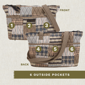 Front and back exterior views with numbered callouts identifying all 6 outside pockets.
