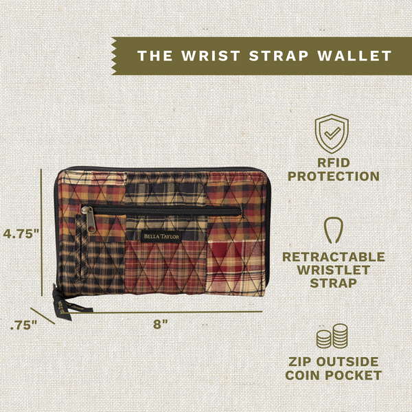 Women's Wristlet Wallet | Quilted Travel Wrist Strap Purse With Card Slots & Zipper Pocket | Red Plaid Everyday Case