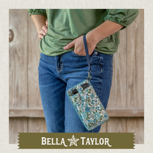 Delicate Floral Blue RFID Cell Phone Wristlet