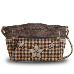 Claire front view featuring quilted patchwork fabric in charcoal gray, dark tan, & black, with top zip closure, and 8 total pockets.