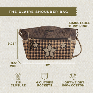 Callout image showing dimensions 11.5" x 9" x 3.75", adjustable strap, 4 exterior pockets, lightweight 100% cotton construction.