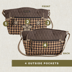Front and back exterior views with numbered callouts identifying all 4 outside pockets.