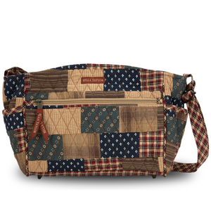 Claire front view featuring quilted patchwork fabric in deep navy, brick red, & khaki, with top zip closure, and 8 total pockets.