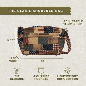 Callout image showing dimensions 11.5" x 9" x 3.75", adjustable strap, 4 exterior pockets, lightweight 100% cotton construction.