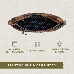 Open top-down view revealing interior with 4 inside pockets. Callouts highlighting top zip closure and machine washable design.