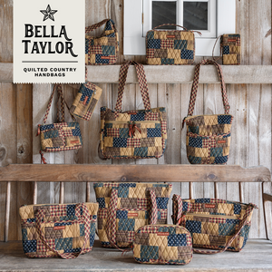 Primitive Patch collection lifestyle image featuring coordinating handbags and accessories.