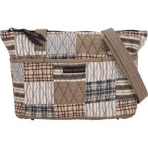 Studio product shot of the Ashmont Small Tote in quilted patchwork, showcasing tan, white, and grey colorway.