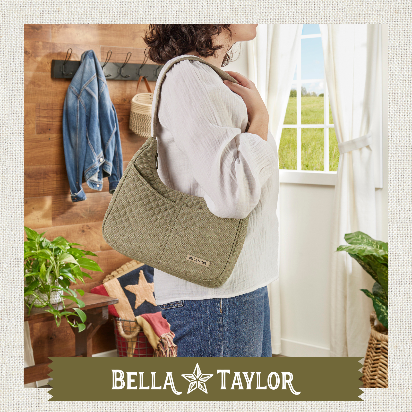 Bella Taylor Blakely Hobo Shoulder Bag For Women | Lightweight Cotton Khaki Chambray Purse With Lots Of Pockets