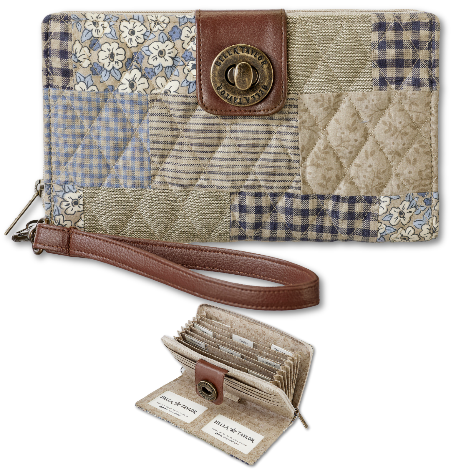 Cash System Wallet front view featuring quilted patchwork fabric in khaki, dusty blue, cream, & navy, turnlock closure, and accordion-style interior with multiple card slots.