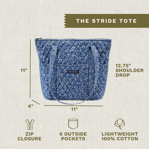 Callout image showing dimensions 11" x 11" x 4", 12.75" strap drop, 6 exterior pockets, lightweight 100% cotton construction.