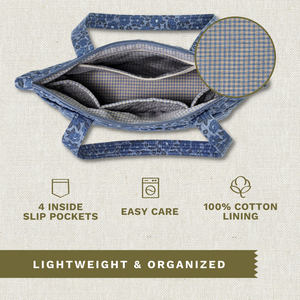 Open top-down view revealing interior with 4 inside pockets. Callouts highlighting 6 outside pockets and machine washable design.