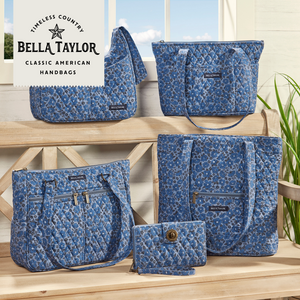 Navy Floral Stride Tote collection lifestyle image featuring the full line displayed, including Stride Tote, Small Tote, and Large Tote.